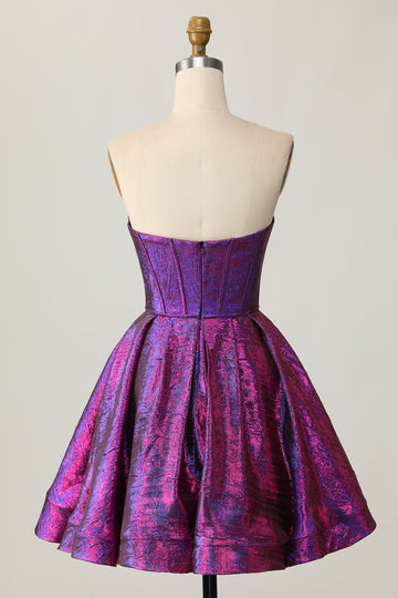 Corsé Metálico Morado Oscuro Strapless A Line Homecoming Dress